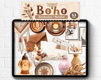 Pegatinas digitales realistas Boho Goodnotes, creador de escenas bohemias estéticas y notables, objetos realistas