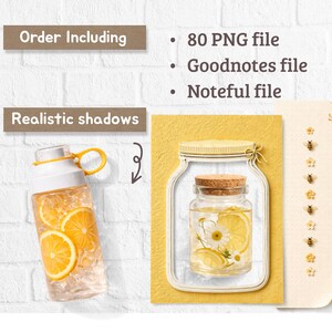 May include: A digital product set including 80 PNG files, a Goodnotes file, and a Noteful file. The image displays a clear water bottle with lemon slices and ice, alongside a yellow card featuring a jar illustration with lemons and daisies.