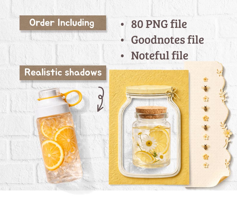 May include: A digital product set including 80 PNG files, a Goodnotes file, and a Noteful file. The image displays a clear water bottle with lemon slices and ice, alongside a yellow card featuring a jar illustration with lemons and daisies.