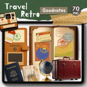 Realistische digitale reissticker Goodnotes Retro Travel Junk Journal Vintage digitale Bullet Journal Paper Kit Realistisch vintage digitaal