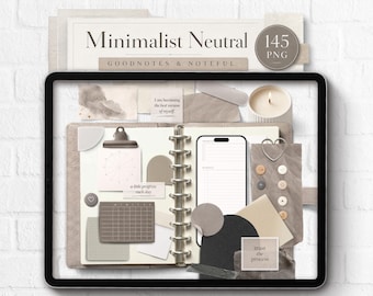 Pegatinas minimalistas y realistas para agenda digital Goodnotes Noteful en tonos neutros, agenda beige, agenda monocromática, pegatinas PNG