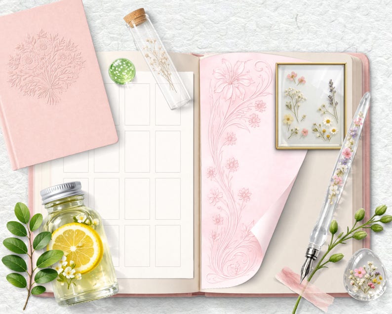 May include: A pink journal with an embossed floral design, an open notebook with floral illustrations, and a glass pen filled with flowers. A small bottle with a lemon slice and a framed floral arrangement are also present.