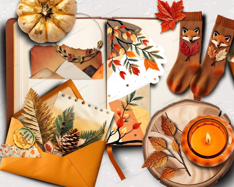 Pu&ograve; includere: Una collezione di oggetti a tema autunnale che include una zucca dipinta d'oro, un taccuino con illustrazioni di foglie, un paio di calzini marroni con facce di volpe, una ghirlanda dorata, una busta con pigna e felce, e una candela in un portacandele.