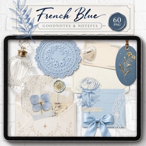 May include: A digital collection of French Blue themed stationery elements including a glass perfume bottle, a light blue floral doily, a heart-shaped tag, a blue oval tag with gold floral art, envelopes, and a blue ribbon bow on a tablet screen.