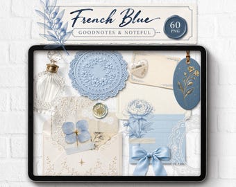 Vintage French Realistic Digital Stickers, Vintage Blue French Lace Journal Kit for Goodnotes, Noteful and Junk Journaling