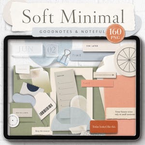 May include: A digital collection of 160 PNG elements titled Soft Minimal for Goodnotes and Noteful. The set includes various paper scraps, labels, and shapes in muted green, blue, and peach tones, featuring text like JUN 02, FOR LATER, TIME, DAILY LOG, PLACE, and Some beauty exists only in small moments.