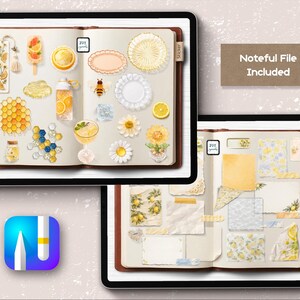 May include: A digital sticker set for Noteful featuring two open notebooks. The first page displays yellow and citrus-themed illustrations including honeycombs, bees, lemons, flowers, and drinks. The second page shows various paper scraps and lemon patterns.