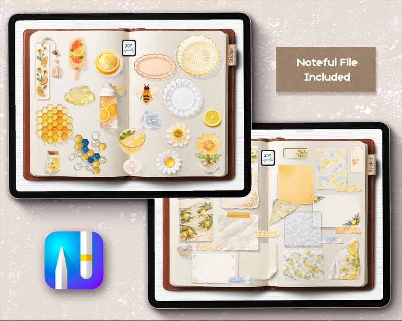 May include: A digital sticker set for Noteful featuring two open notebooks. The first page displays yellow and citrus-themed illustrations including honeycombs, bees, lemons, flowers, and drinks. The second page shows various paper scraps and lemon patterns.