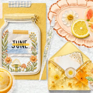May include: A collection of stationery items including a yellow paper sheet with a mason jar illustration labeled JUNE, a glass dip pen with embedded flowers, a resin envelope with pressed flowers, a scalloped tray with citrus slices, and a lemon.