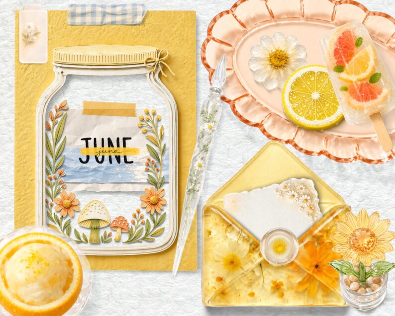 May include: A collection of stationery items including a yellow paper sheet with a mason jar illustration labeled JUNE, a glass dip pen with embedded flowers, a resin envelope with pressed flowers, a scalloped tray with citrus slices, and a lemon.