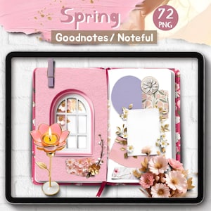 Adesivi digitali realistici primaverili: planner Goodnotes floreale, diario, PNG, adesivi con note