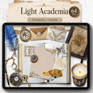 Pode incluir: Uma tela digital exibindo uma coleção de gráficos com o tema Light Academia, incluindo um livro aberto, uma pena azul, tesouras douradas, relógios de bolso, um envelope, uma borboleta, uma vela e um livro com motivos celestiais.