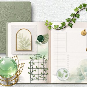 May include: A sage green journal with embossed floral designs, open to reveal a blank page with a to-do list. The image includes a gold-toned decorative stand holding a green glass sphere, a small trellis, and a botanical-themed wax seal.