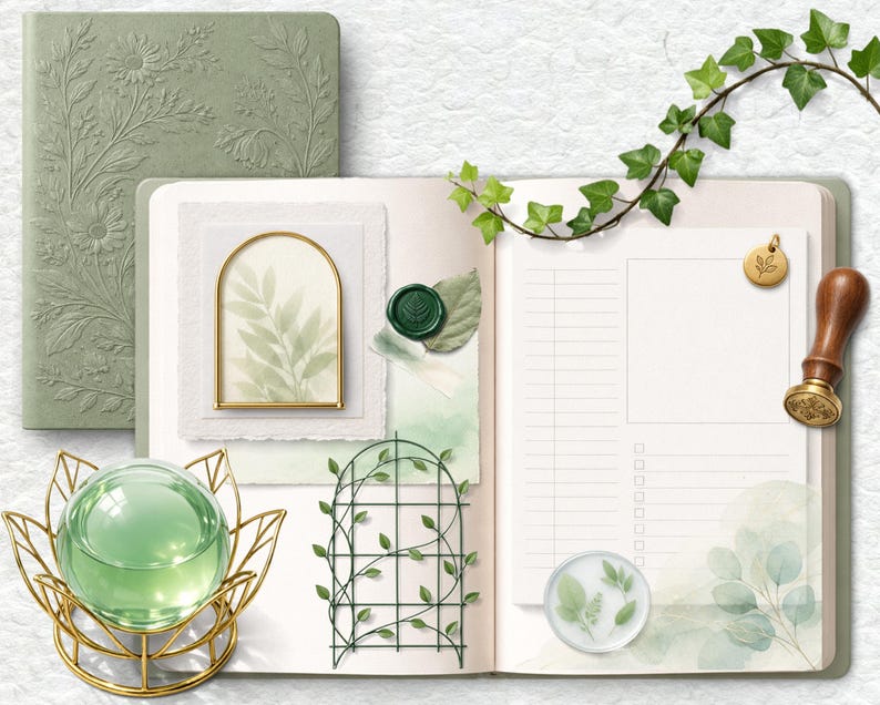 May include: A sage green journal with embossed floral designs, open to reveal a blank page with a to-do list. The image includes a gold-toned decorative stand holding a green glass sphere, a small trellis, and a botanical-themed wax seal.