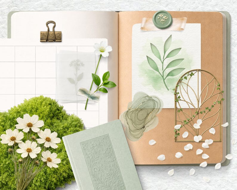 May include: An open journal with a light green cover and floral embossed design, featuring decorative elements. Includes a brass clip, a watercolor leaf painting, and a gold metal arch with vines. White flower petals and a mossy green base add to the aesthetic.