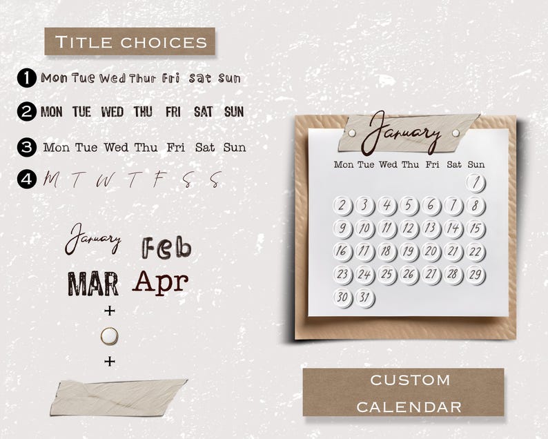 Puede incluir: Una plantilla de calendario imprimible con diferentes opciones de t&iacute;tulo para los d&iacute;as de la semana. El calendario es para enero y tiene un fondo marr&oacute;n con un borde blanco. El texto "CALENDARIO PERSONALIZADO" est&aacute; en la parte inferior de la imagen.