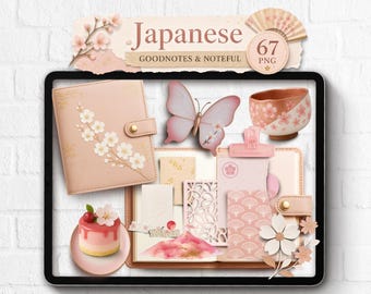 Pegatinas digitales realistas de flores de cerezo japonesas: Creador de escenas PNG para Goodnotes, Noteful y Journal
