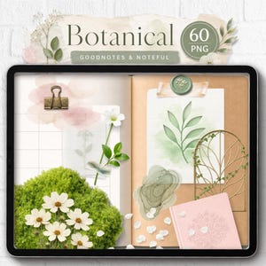 May include: A digital tablet screen displaying a botanical-themed journal layout with 60 PNG elements. The display features a grid page with moss, white flowers, and a binder clip, alongside a kraft paper page with leaf art, a wax seal, and a pink book.