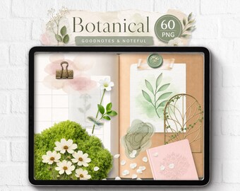 Pegatinas digitales botánicas realistas: Goodnotes, Noteful Stickers, Green Aesthetic Journal Scene Creator, PNG