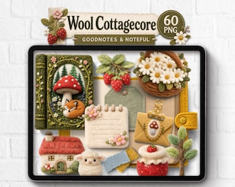 Pegatinas digitales realistas: Conjunto de pegatinas Goodnotes Noteful Journal de lana estilo Cottagecore, pegatinas con estética campestre, pegatinas digitales PNG bonitas