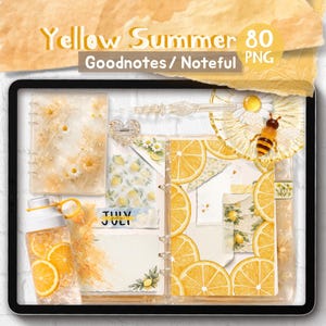 May include: Digital planner with a summer theme, featuring yellow and white accents, lemon slices, and a bee illustration. The text "Yellow Summer 80 Goodnotes / Noteful PNG" is displayed at the top.