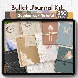 May include: A digital bullet journal kit for Goodnotes and Noteful containing 280 PNG files. The display shows various planner pages with calendars, moon phases, floral illustrations, and mountain graphics, alongside several closed journal covers.