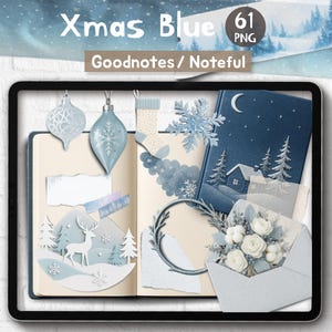 Realistic Digital Sticker Christmas, December Scene Creator PNG & Goodnotes Noteful File, Blue Silver Mood Board