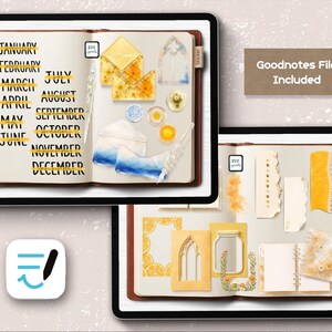 May include: Digital planner sticker set displayed on two tablet screens. The first screen shows months from January to December with yellow highlights, floral envelopes, and wax seals. The second screen features yellow paper scraps, a mason jar, and floral frames. Goodnotes File Included.