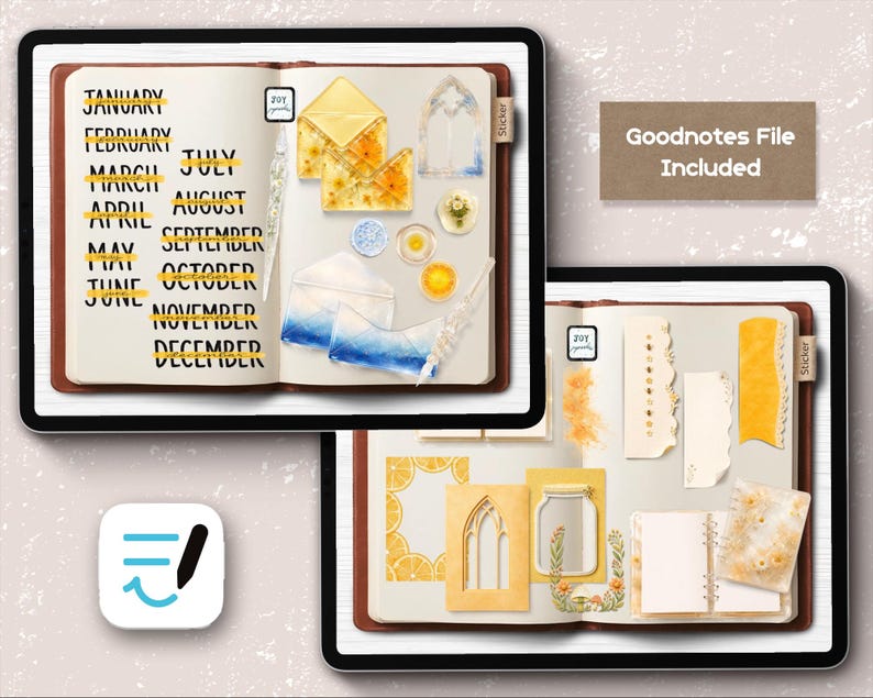 May include: Digital planner sticker set displayed on two tablet screens. The first screen shows months from January to December with yellow highlights, floral envelopes, and wax seals. The second screen features yellow paper scraps, a mason jar, and floral frames. Goodnotes File Included.
