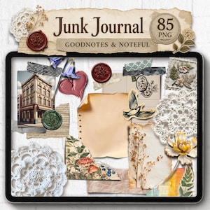 Könnte beinhalten: Ein digitaler Tablet-Bildschirm mit einer Sammlung von 85 Junk-Journal-PNG-Elementen, darunter Vintage-Papierfetzen, weiße Häkeldeckchen, Wachssiegel, botanische Illustrationen, ein Vogel, ein Herz und ein Gebäude mit dem Text Junk Journal.