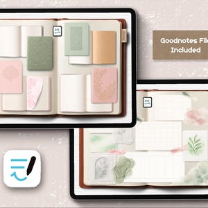 May include: Digital planner templates displayed on tablets. The templates feature open notebooks with various decorative elements, including stickers and notepaper in shades of pink, green, and beige. The text "Goodnotes File Included" is also visible.