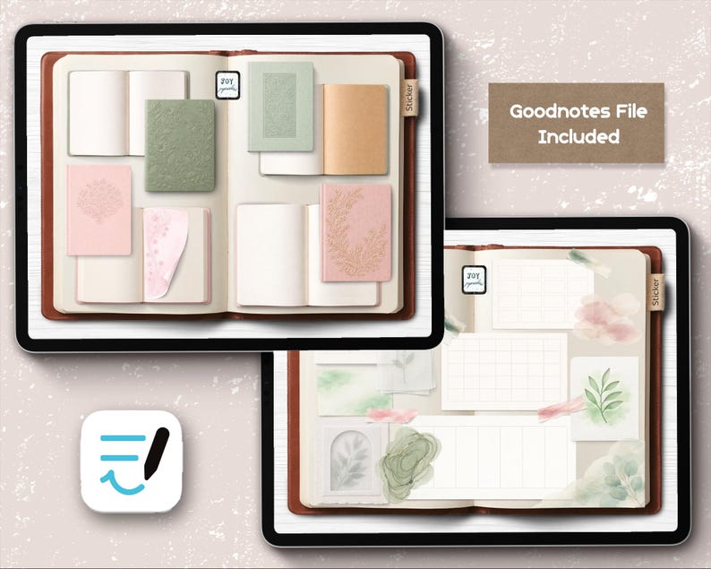 May include: Digital planner templates displayed on tablets. The templates feature open notebooks with various decorative elements, including stickers and notepaper in shades of pink, green, and beige. The text "Goodnotes File Included" is also visible.