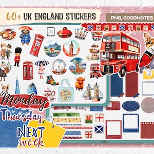 Adesivos digitais Diário de viagem de Londres Goodnotes Adesivo Inglaterra Clipart Reino Unido Diário digital Adesivos para iPad, PNG pré-cortado