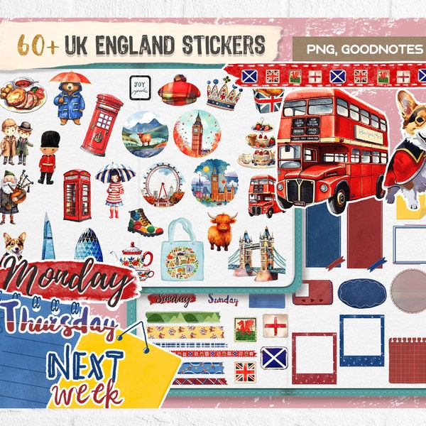 Digital Stickers London Travel Journal Goodnotes Sticker England Clipart UK Digital Journal iPad Stickers, Pre-cropped PNG