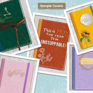 K&ouml;nnte beinhalten: F&uuml;nf verschiedene Notizbuchcover mit verschiedenen Designs. Die Cover sind alle aus einem strukturierten Material gefertigt und haben einen gen&auml;hten Rand. Die Designs beinhalten ein Sternzeichen, eine Sonnenblume, ein Blumenmuster, einen Planeten und Kristalle sowie das Jahr 2024. Der Text auf den Covern lautet "Pisces", "This is 2023 THE YEAR To be UNSTOPPABLE!", "2023", "Day by Day" und "2024".