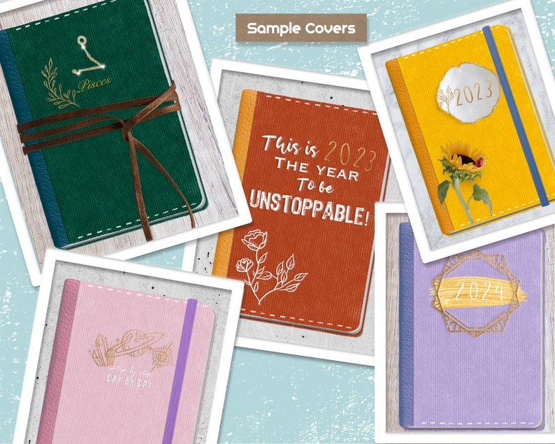 K&ouml;nnte beinhalten: F&uuml;nf verschiedene Notizbuchcover mit verschiedenen Designs. Die Cover sind alle aus einem strukturierten Material gefertigt und haben einen gen&auml;hten Rand. Die Designs beinhalten ein Sternzeichen, eine Sonnenblume, ein Blumenmuster, einen Planeten und Kristalle sowie das Jahr 2024. Der Text auf den Covern lautet "Pisces", "This is 2023 THE YEAR To be UNSTOPPABLE!", "2023", "Day by Day" und "2024".