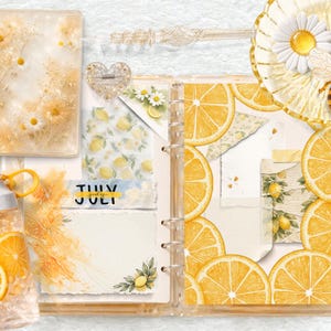 May include: A clear plastic water bottle filled with lemon slices, a ring-bound planner featuring lemon and daisy illustrations, a heart-shaped resin charm, and a decorative glass dish with a daisy and bee figurine on a textured white background.