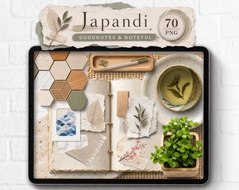 Pegatinas digitales realistas Japandi: Goodnotes, Noteful, creador de escenas PNG para diarios nórdicos japoneses