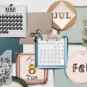 Puede incluir: Un collage de p&aacute;ginas de calendario de estilo vintage con un dise&ntilde;o floral. Los meses de enero, febrero, marzo, abril, julio y una p&aacute;gina en blanco con la palabra "Feb" son visibles. Las p&aacute;ginas del calendario est&aacute;n decoradas con flores, un lazo y un diamante.