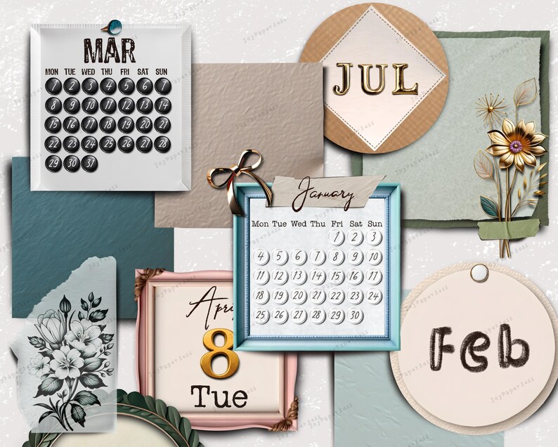 Puede incluir: Un collage de p&aacute;ginas de calendario de estilo vintage con un dise&ntilde;o floral. Los meses de enero, febrero, marzo, abril, julio y una p&aacute;gina en blanco con la palabra "Feb" son visibles. Las p&aacute;ginas del calendario est&aacute;n decoradas con flores, un lazo y un diamante.