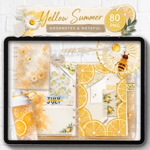 May include: A digital planner display featuring a Yellow Summer theme with 80 PNG files for Goodnotes and Noteful. The screen shows a collection of yellow lemon slices, daisies, a bee illustration, a water bottle, and the text July.