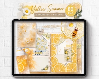 Pegatinas digitales realistas amarillas de verano para Goodnotes Noteful, kit de diario Lemon, álbum de recortes Citrus PNG, pegatinas para agenda Noteful