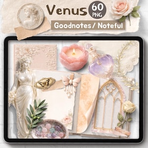 Peut inclure: Composition d'art numérique sur une tablette, présentant des éléments décoratifs tels qu'une statue, une bougie et un flacon de parfum. Le texte "Venus 60 PNG Goodnotes / Noteful" est visible.