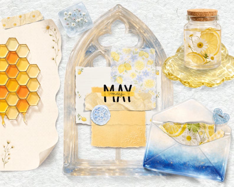 May include: A collage featuring a honeycomb pattern on paper, a clear resin gothic arch frame with layered paper scraps labeled MAY, a glass jar with lemon slices and daisies, and a blue gradient envelope with floral inserts and a heart accent.
