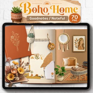 Op de afbeelding: Een digitale stickerset getiteld Boho Home Goodnotes / Noteful 70 PNG met illustraties van een terracotta notitieboek, een vetplant in een hangende plantenbak, een kralenspiegel, een bloemenboeket, gelinieerd papier en een woonkamerinterieur.
