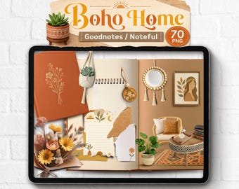 Pegatinas realistas Boho Goodnotes Noteful, creador de imágenes prediseñadas de hogar bohemio, tablero de estado de ánimo PNG, maquetas