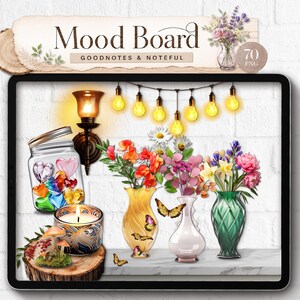 Op de afbeelding: Een digitaal moodboard voor Goodnotes en Noteful met 70 PNG-elementen, waaronder een glazen pot met gekleurde hartjes, een brandende kaars, een wandlamp, lichtsnoeren, drie vazen met bloemen, vlinders en paddenstoelen op een houten schijf.