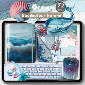 Pegatinas digitales realistas Ocean GoodNotes: Diseños marinos, diario azul, Noteful