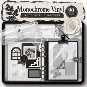 Peut inclure: Un ensemble de planificateur numérique intitulé Monochrome Vinyl avec 90 fichiers PNG pour Goodnotes et Noteful. L'affichage présente un classeur transparent avec des accents noirs, une trousse transparente, une fleur en papier et des autocollants.