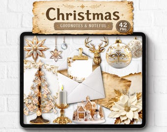 Pegatinas digitales navideñas realistas de Goodnotes, creador de escenas navideñas doradas, diario para iPad